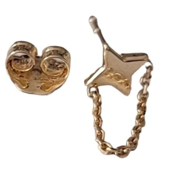 14K Yellow Gold 4 Point Star With Chain Dangle One Post Earring, E116 - Picture 7 of 11